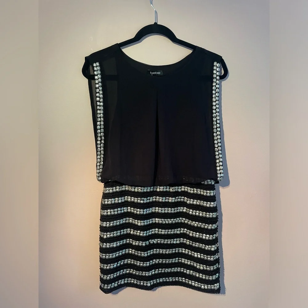 y2k Black & Silver Coin Embellished 'Bebe' Sleeveless Mini Club Dress - Picture 5 of 11